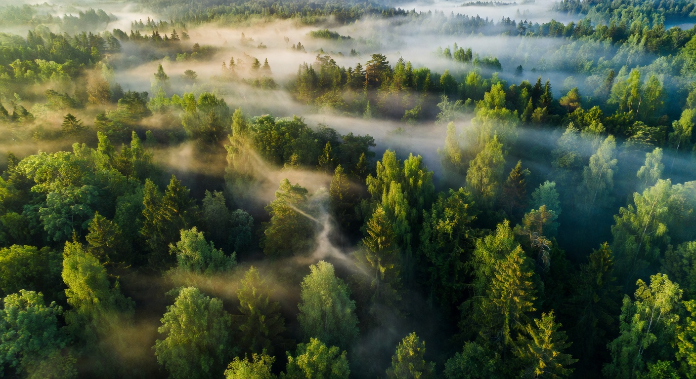 Aerial view of lush Latvian forest canopy with morning fog rolling through green treetops