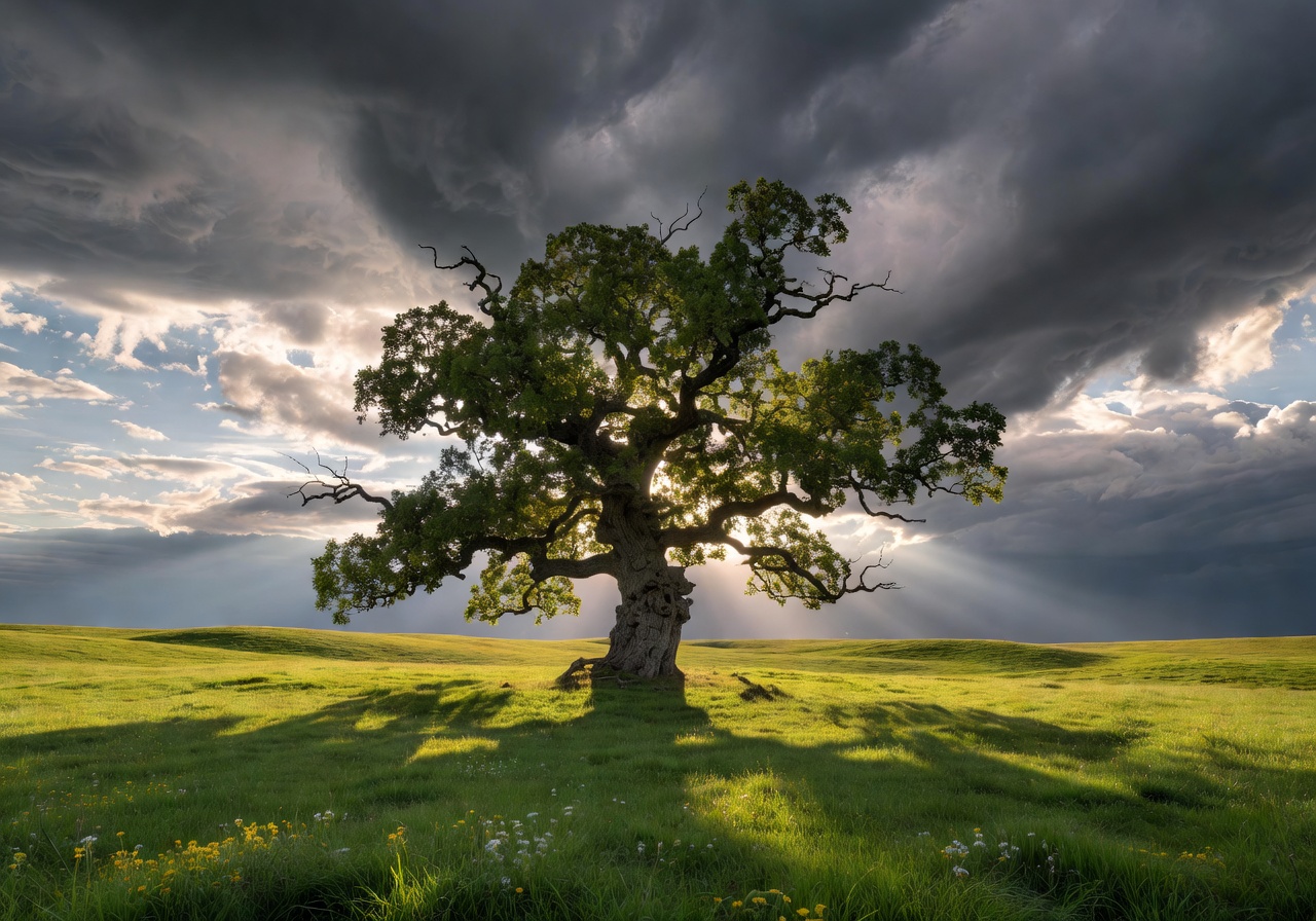 Ancient oak tree standing alone in a green Latvian meadow under dramatic cloudy sky
