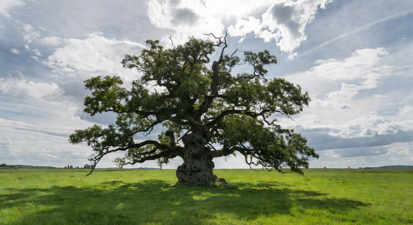 Ancient oak tree standing in a green Latvian field under dramatic sky with scattered clouds