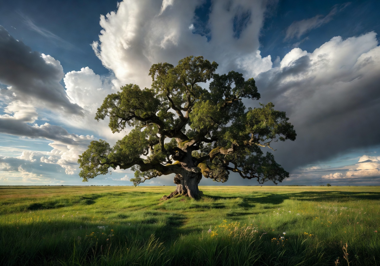 Ancient solitary oak tree in a vast green Latvian meadow under dramatic cloud-filled sky