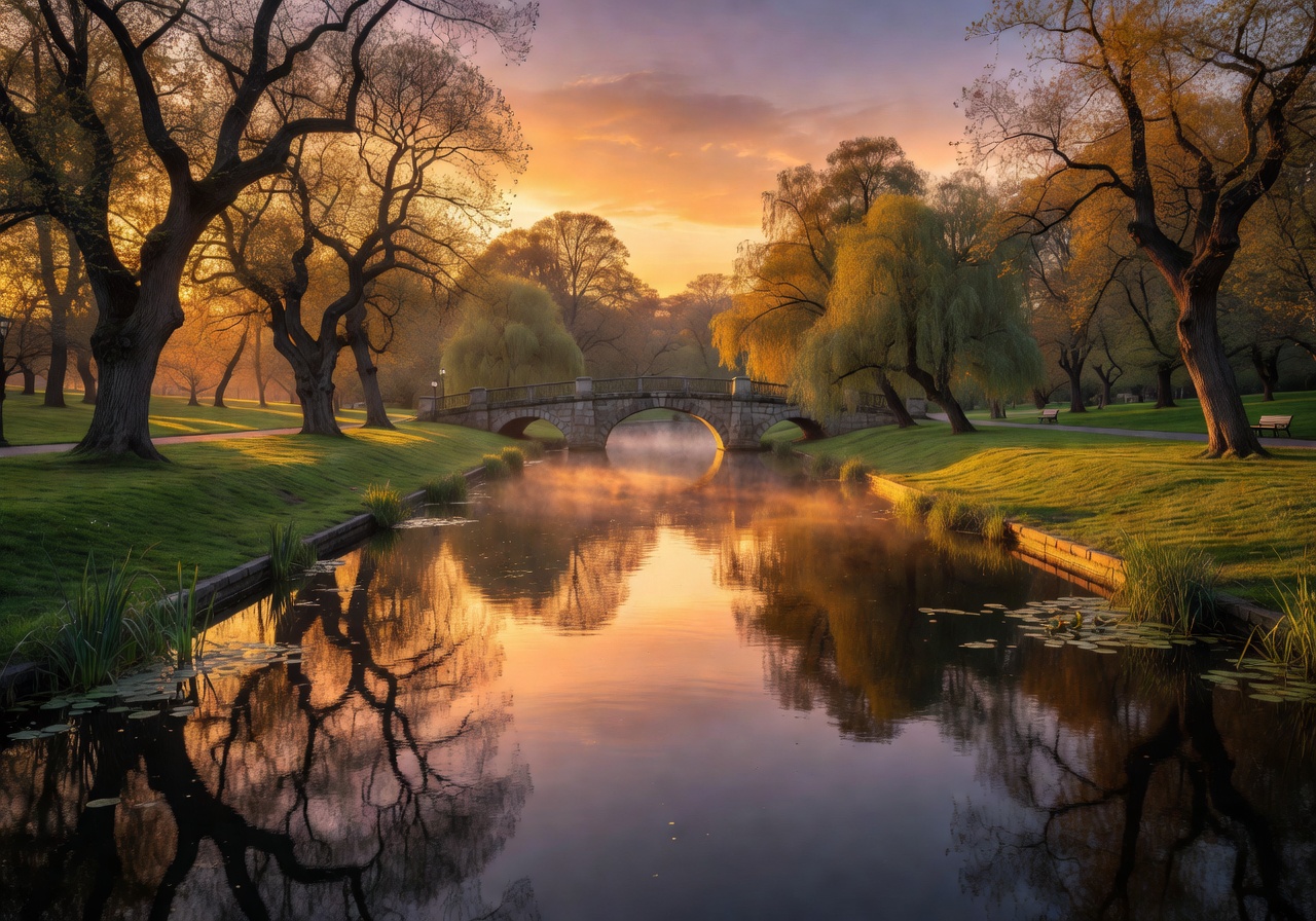 Bastejkalna Park romantic canal with stone bridges and autumn foliage reflected in calm water in central Riga