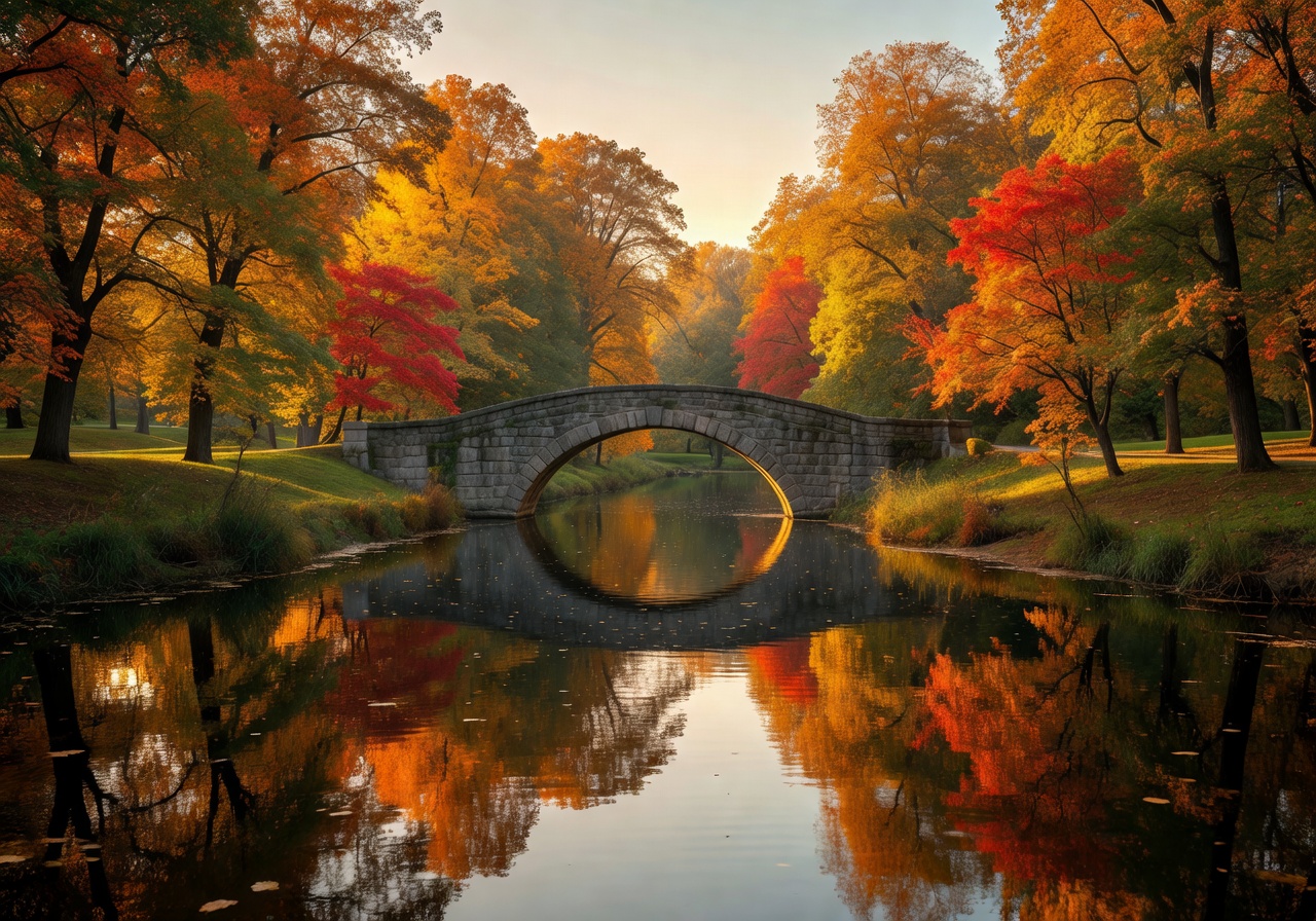 Bastejkalna Park canal in autumn with stone bridge and colorful trees reflecting in water at golden hour