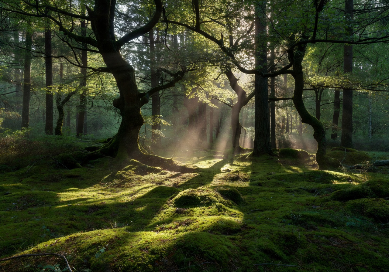 Dense Latvian forest interior with moss-covered ground and light streaming through tree branches