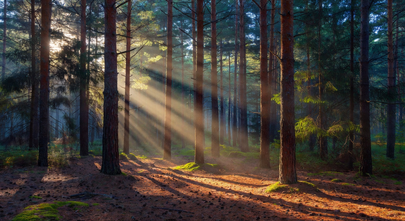Dense pine forest in Latvia with sunlight streaming through the canopy creating golden rays of light