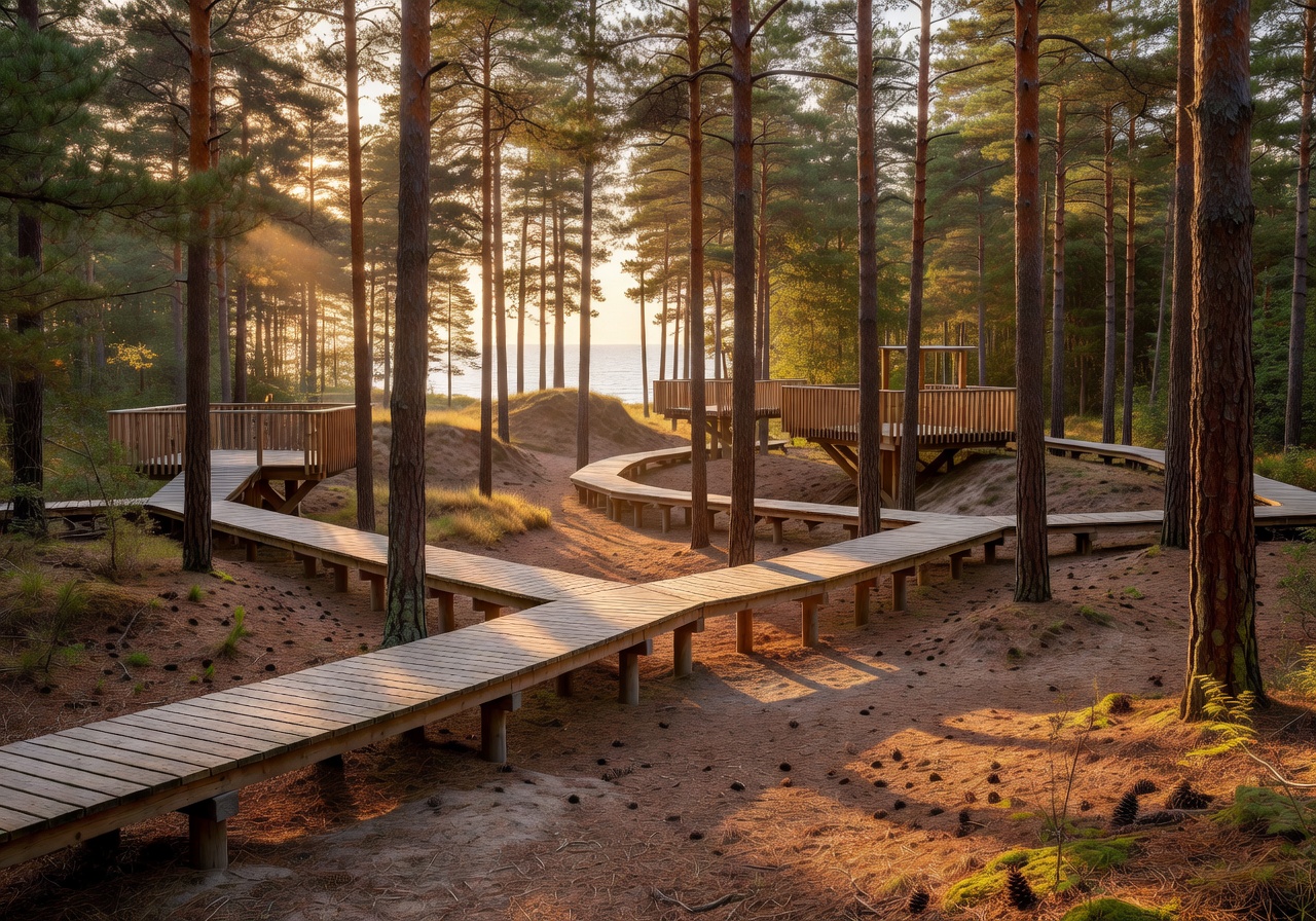 Dzintari Forest Park sunlit pine forest trail with modern wooden walkways and observation platforms near Jūrmala beach