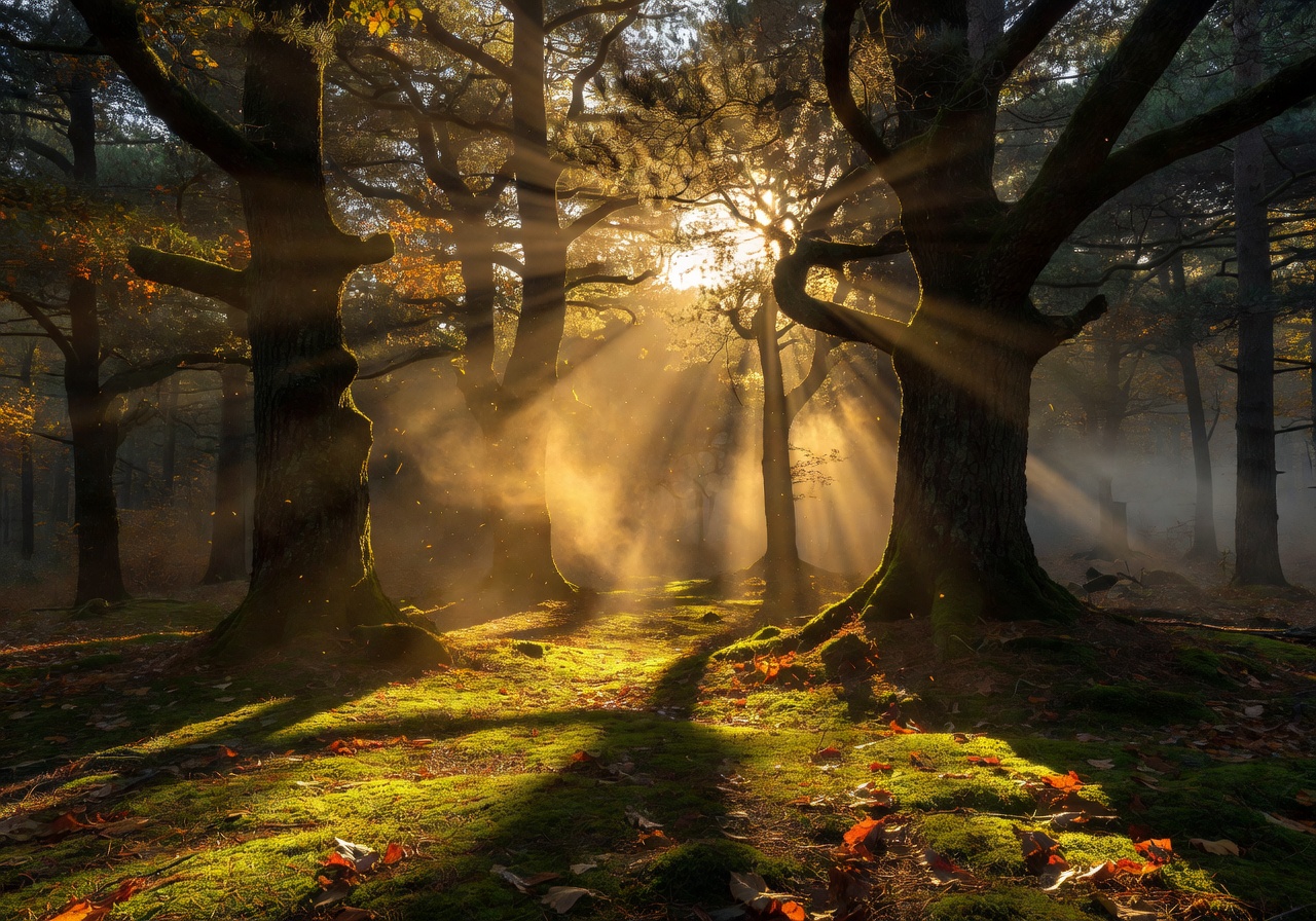 Golden sunlight streaming through tall forest trees creating dramatic light and shadow patterns