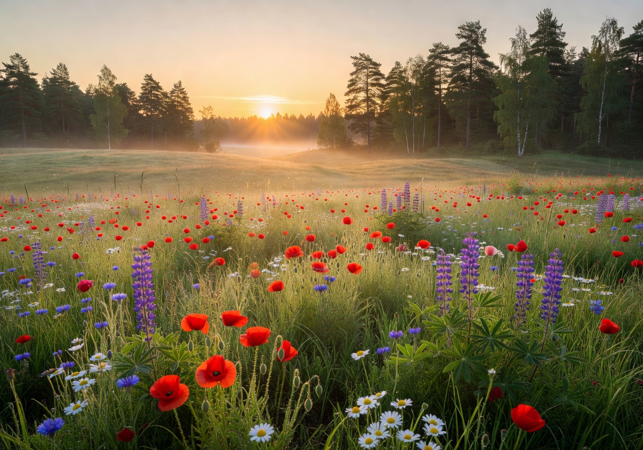 Golden sunrise over a Latvian meadow with wildflowers and distant forest treeline