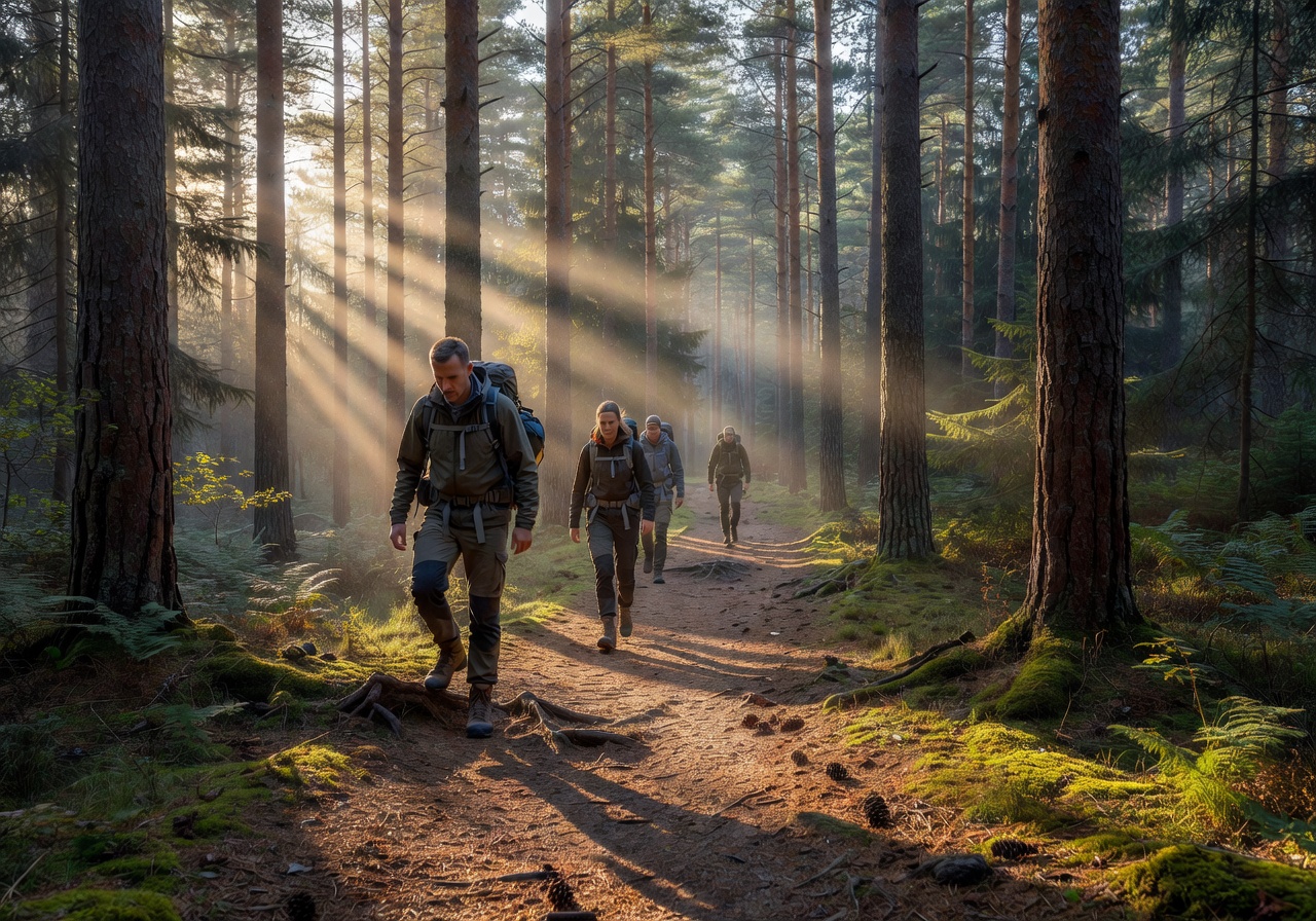 Hikers on a forest trail in Latvia surrounded by tall pine trees in morning sunlight