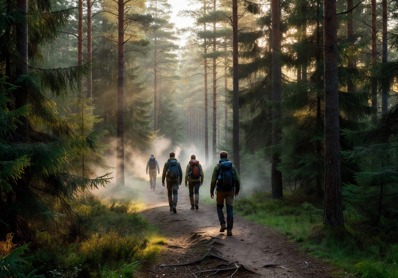 Hikers walking along a forested trail through a Baltic pine forest in early morning light
