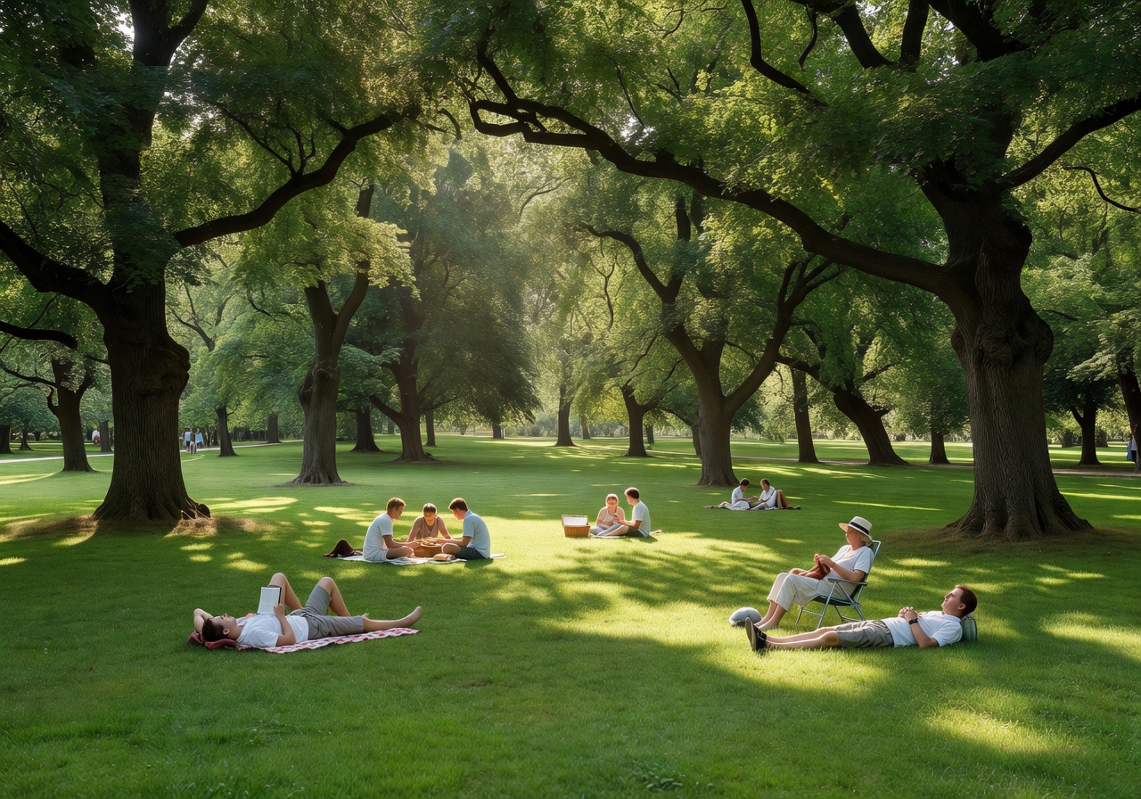 Kronvalda Park green lawns and mature trees with elegant Art Nouveau buildings visible in the background in Riga