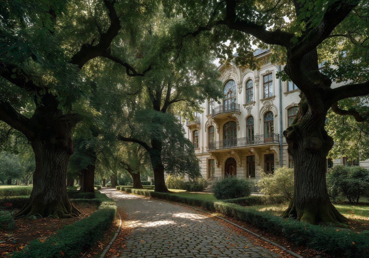 Kronvalda Park shaded walkway under mature oak trees with Art Nouveau architecture visible through the foliage