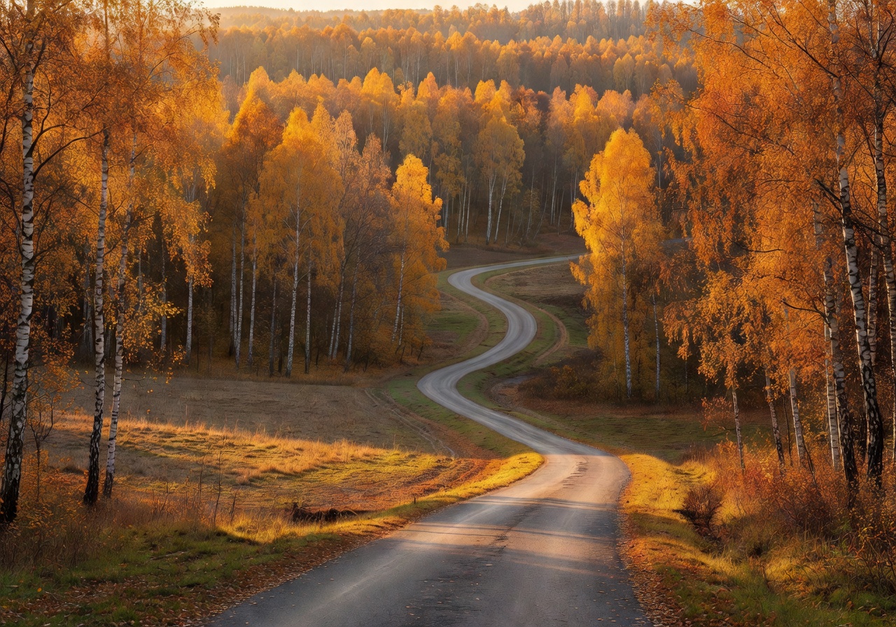Latvian countryside during autumn showing golden birch forests winding road and warm light