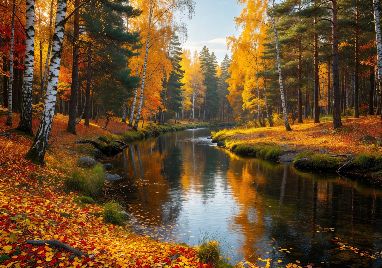 Latvian river flowing through pristine birch and pine forest with autumn golden colors reflecting in clear water