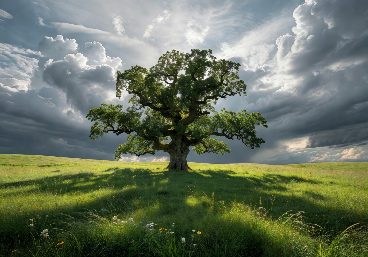 Majestic solitary oak tree in a green Latvian meadow under dramatic sky symbolizing nature preservation