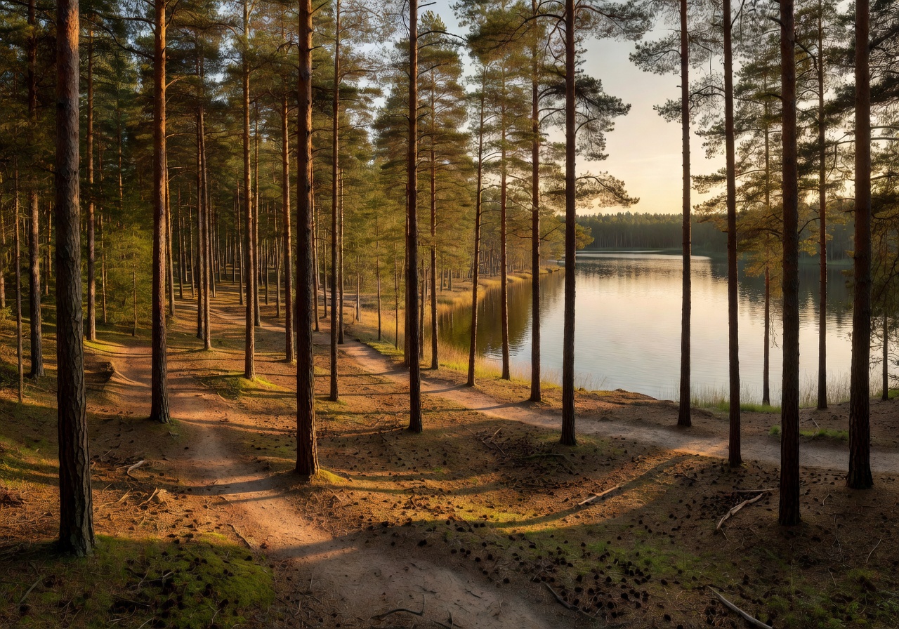 Mežaparks sprawling forest park in Riga with tall pine trees and walking paths along Lake Ķīšezers