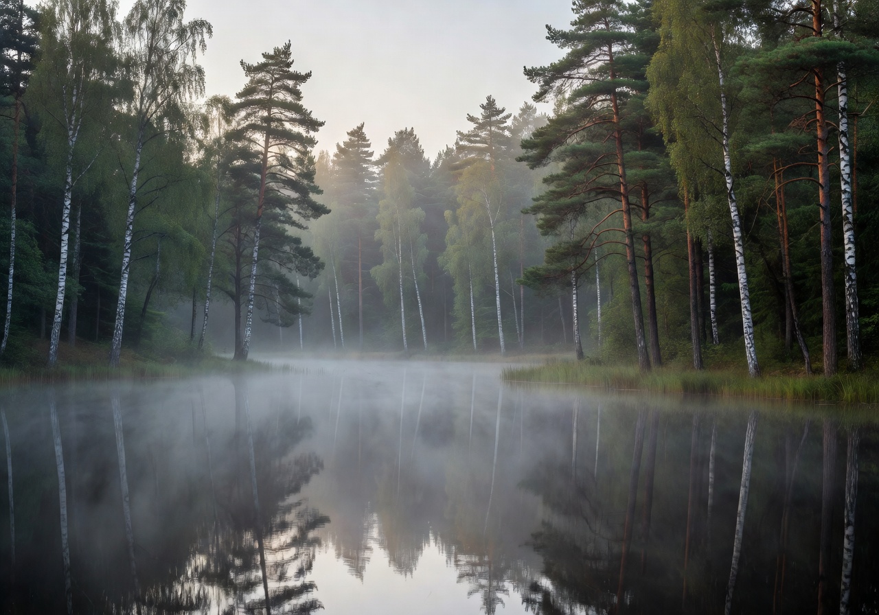 Misty morning over a calm lake surrounded by birch and pine forest in Latvia