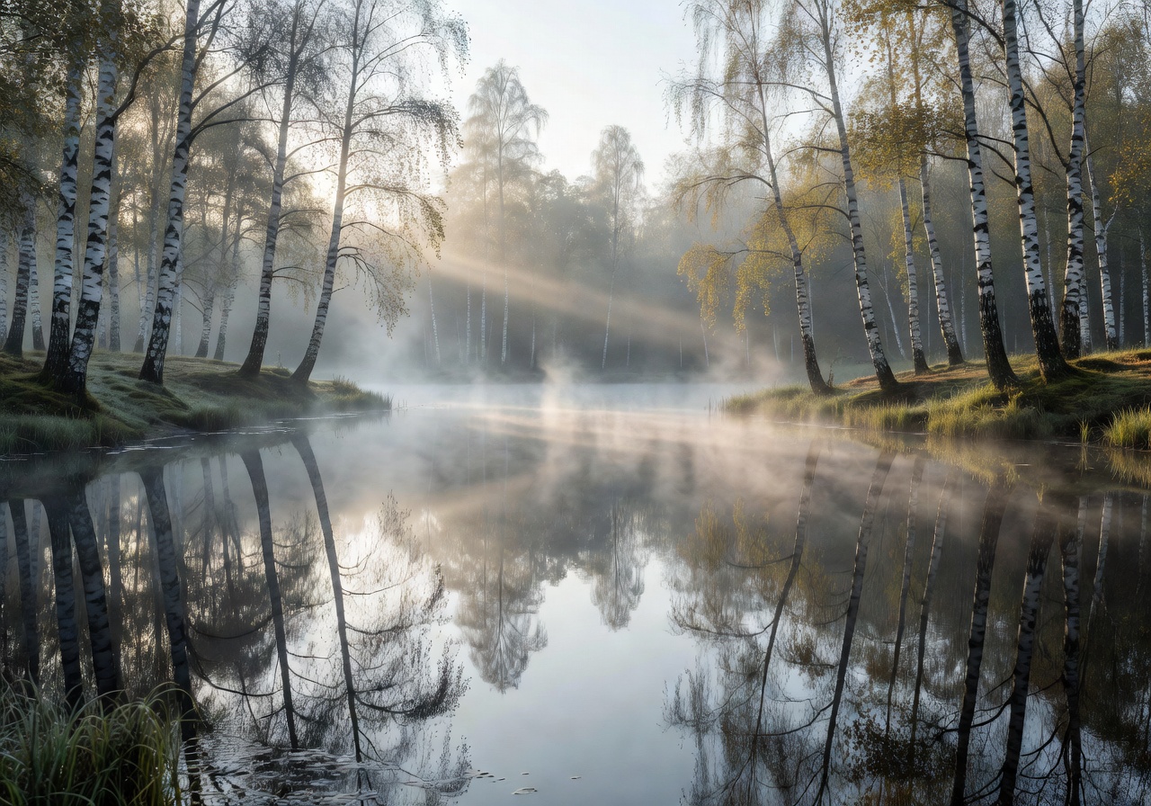 Misty morning over a calm Latvian lake with reflections of surrounding birch trees
