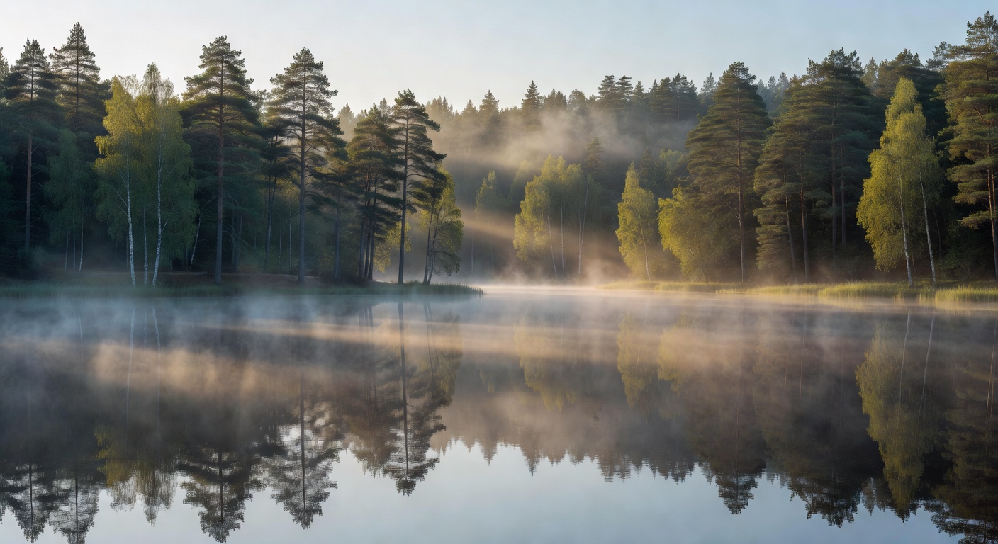 Misty morning over a serene Latvian lake with forest reflections and soft golden light