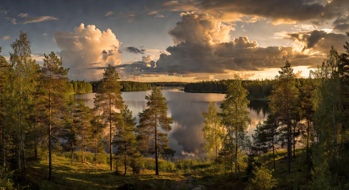 Panoramic landscape view of Latvian forest and lake at golden hour with dramatic cloud formations