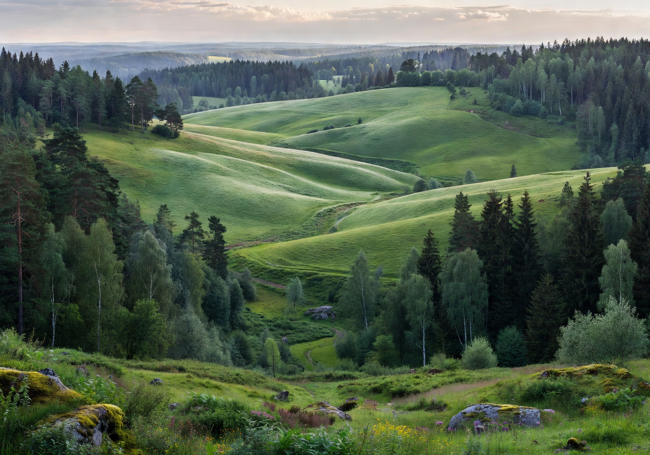 Panoramic view of rolling green hills and dense forest stretching to the horizon in rural Latvia