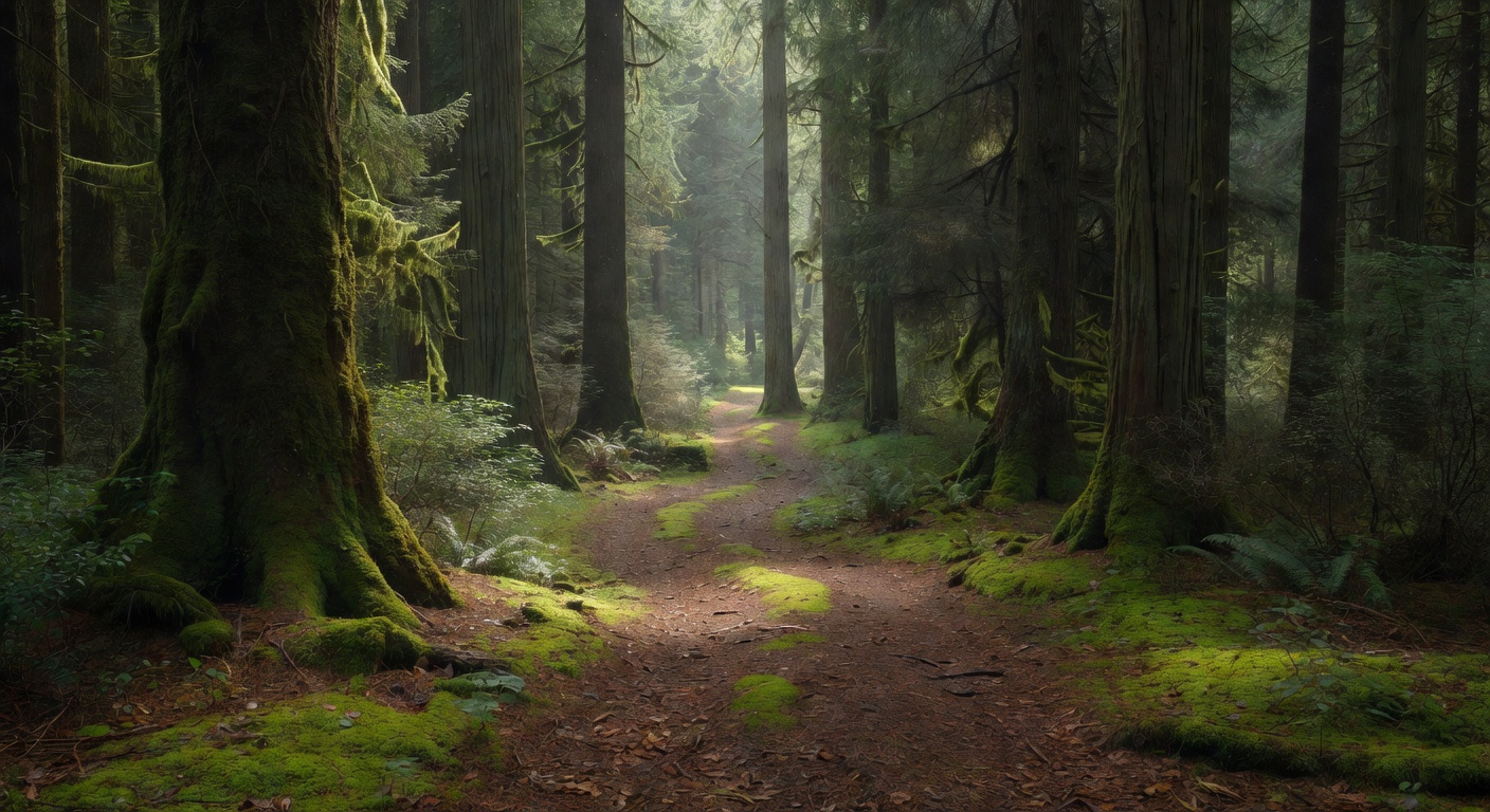 Sunlight streaming through dense forest canopy onto moss-covered ground in a Latvian woodland
