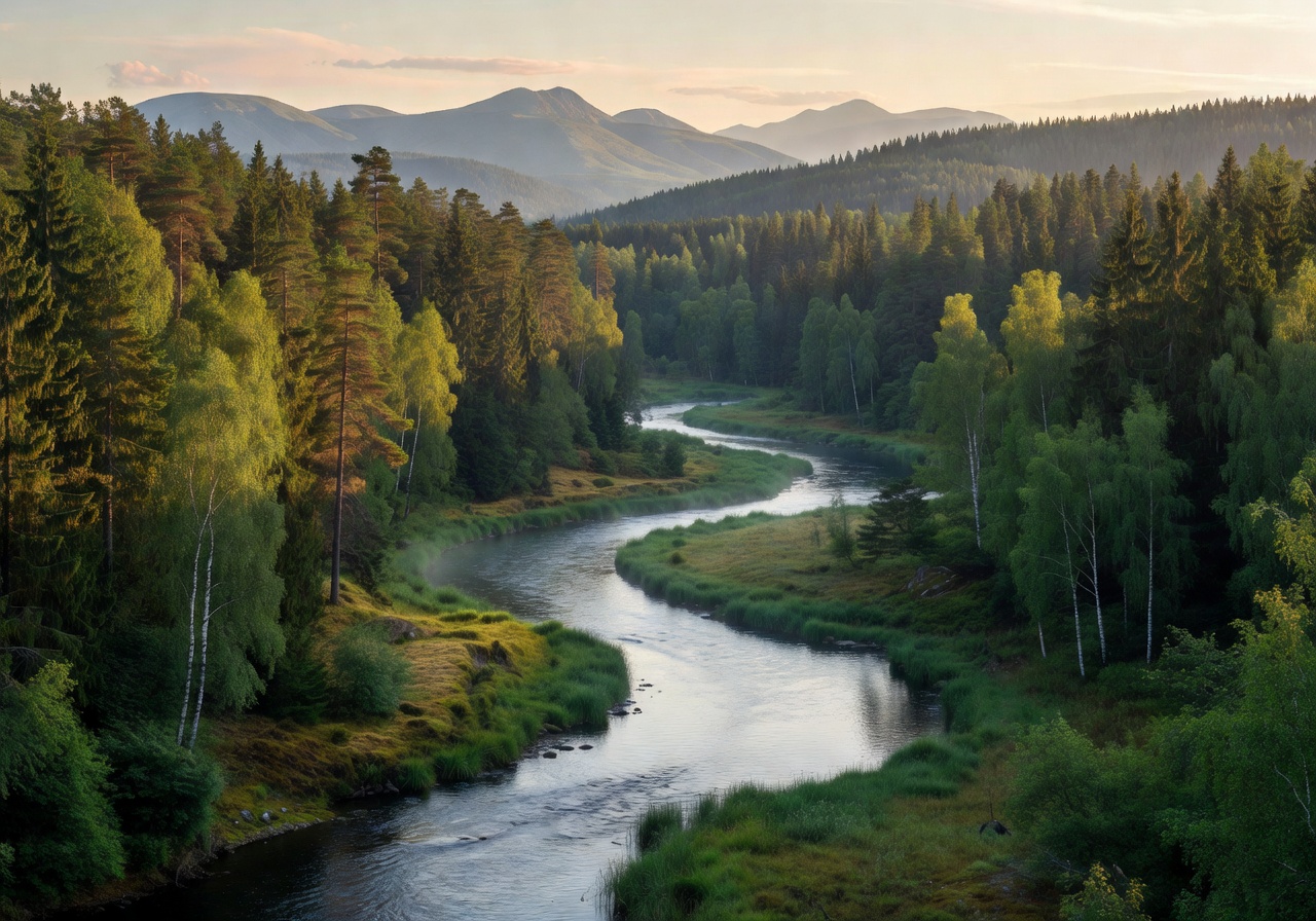 Serene Latvian river flowing through dense birch and pine forest in golden autumn light