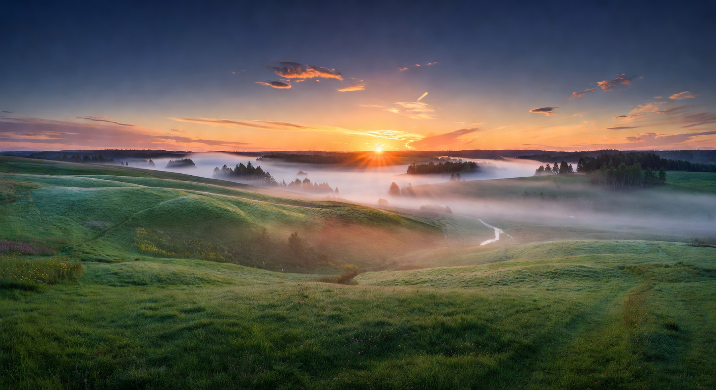 Spectacular sunrise over Latvian countryside with rolling green hills and misty valleys