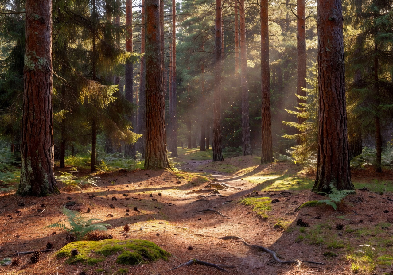 Sunlight filtering through tall pine trees in a peaceful Latvian woodland park