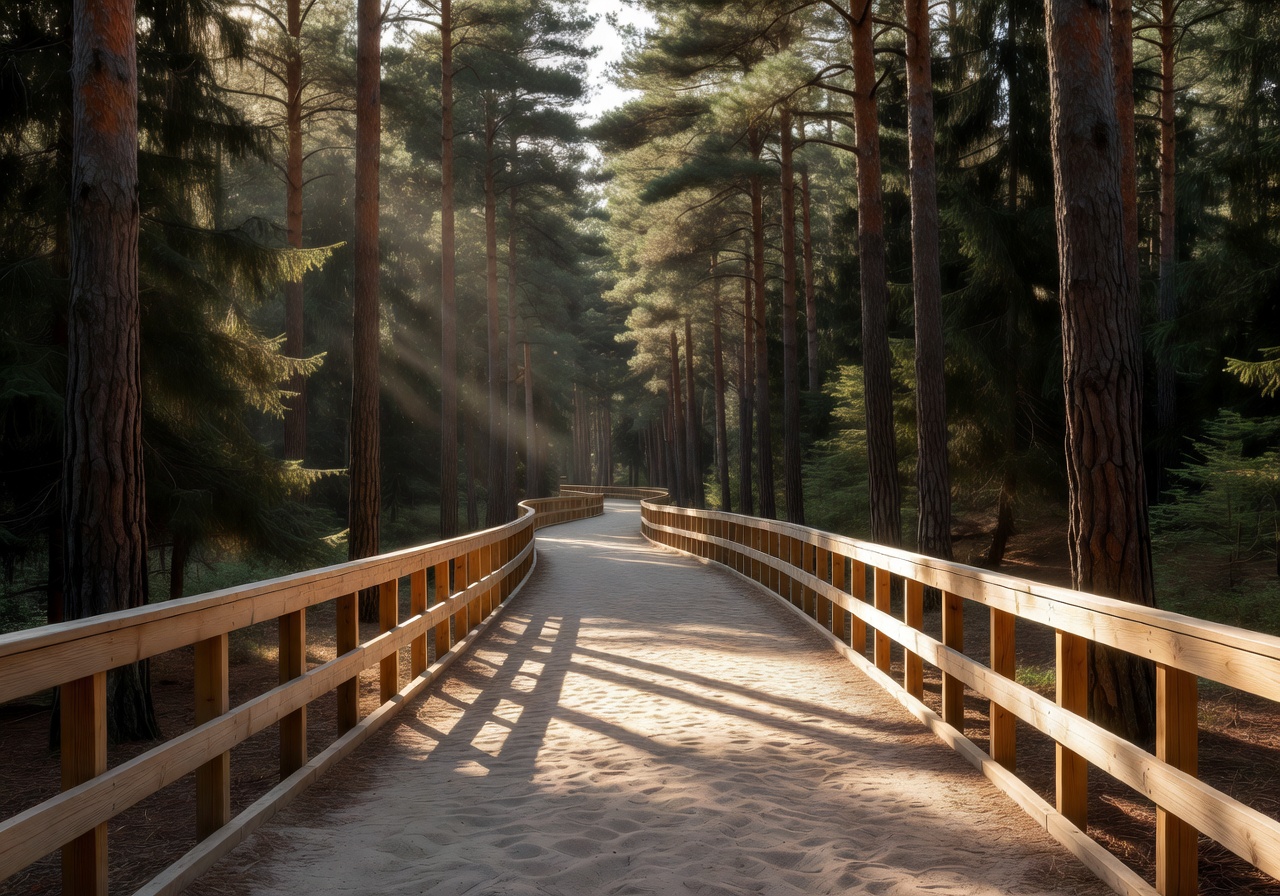 Dzintari Forest Park modern wooden observation tower rising above pine forest canopy near the Baltic Sea coastline