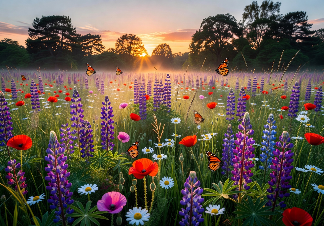 Sunrise over wildflower meadow with butterflies and distant treeline silhouette