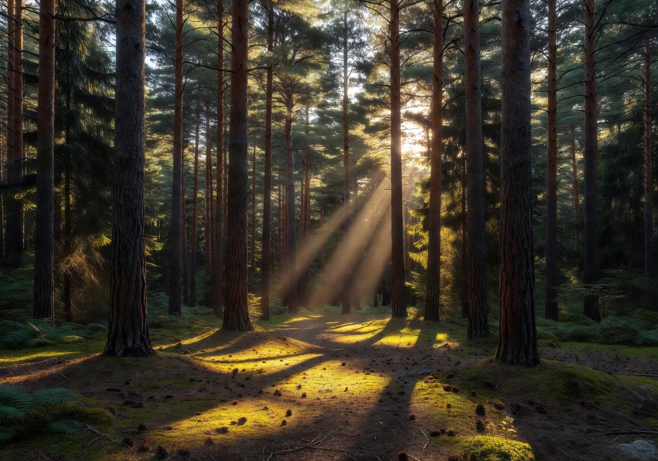 Tall pine trees in Mežaparks forest with sunlight filtering through the canopy creating golden patches on the forest floor