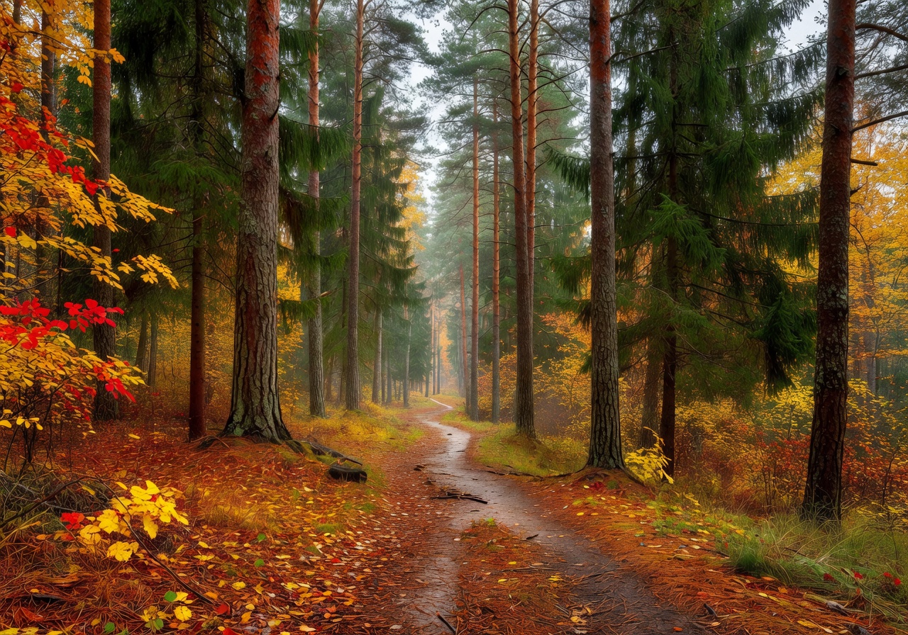 Tall pine trees towering above a forest trail in a Latvian national park during autumn