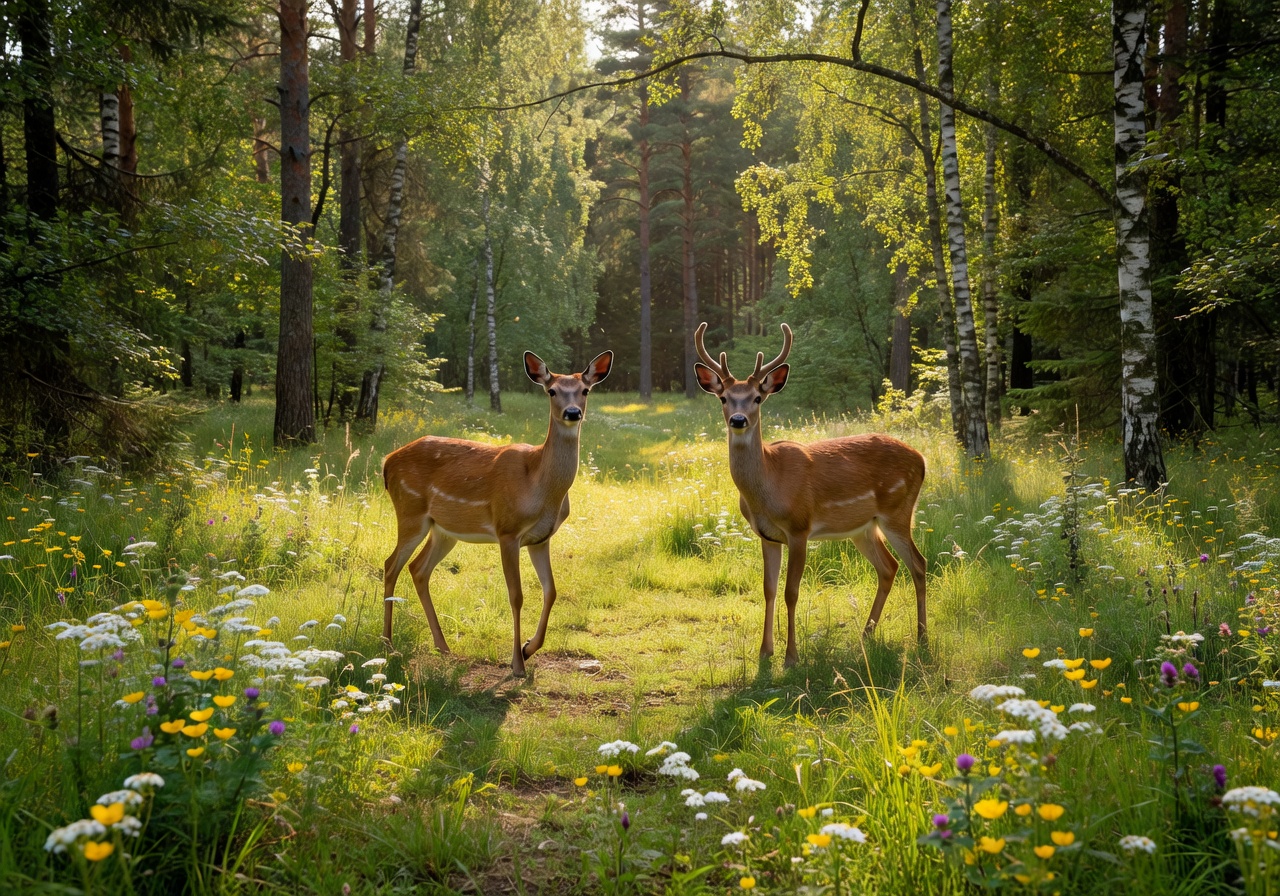 Two wild deer standing in a sunlit meadow clearing in a Latvian nature reserve