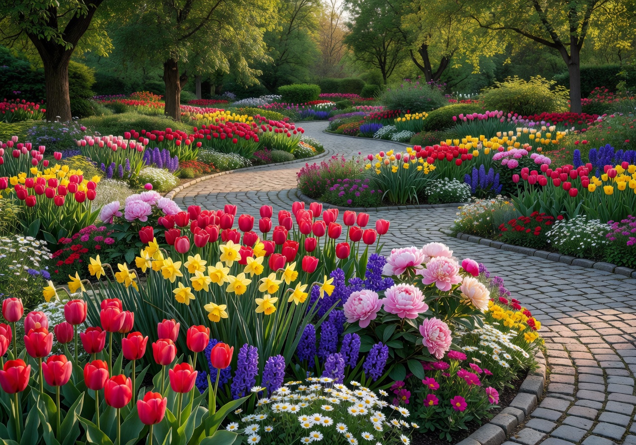 Vērmanes Garden flower beds in bloom with walking paths and a bandstand surrounded by lush greenery in old Riga