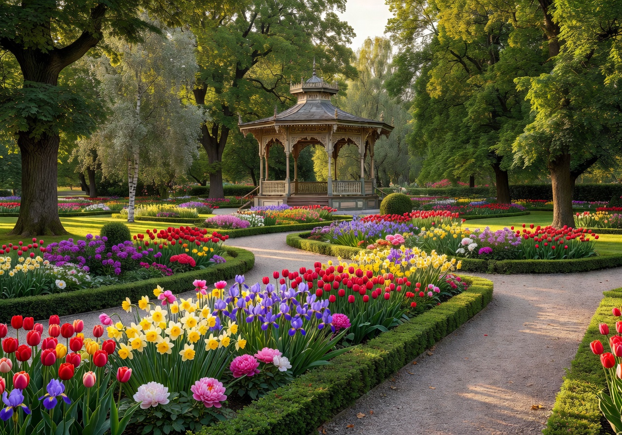 Vērmanes Garden colorful flower beds and historic bandstand surrounded by lush trees and garden paths in Riga