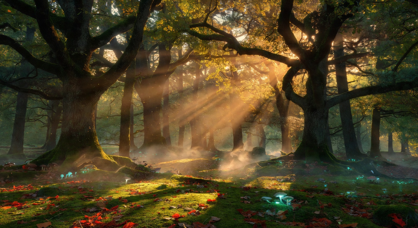 Dramatic sunset light streaming through a dense Latvian forest with golden light illuminating the tree trunks