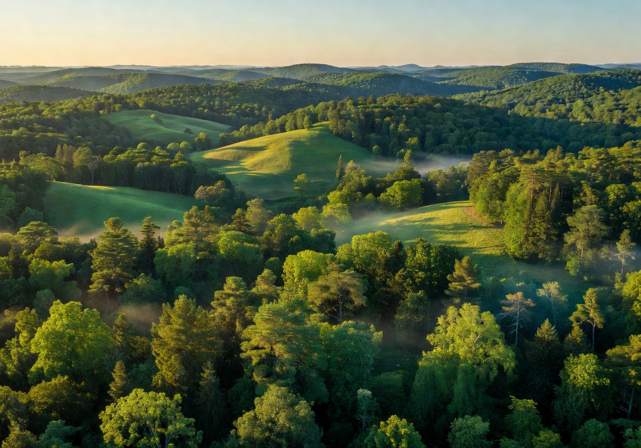 Wide panoramic view of rolling green hills covered in dense mixed forest stretching to the horizon