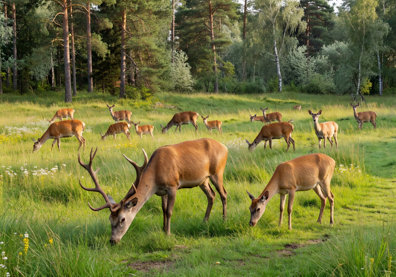 Wild deer grazing in a sunlit meadow within a Latvian nature reserve